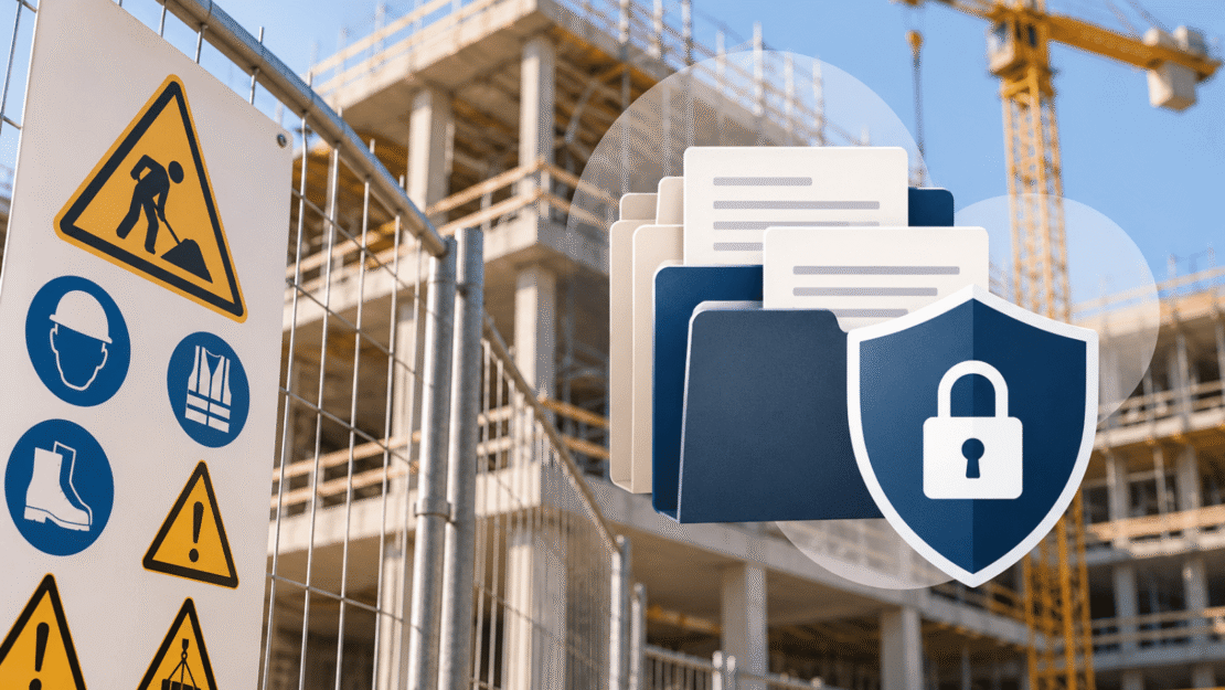 Cantiere edilizio con simboli di sicurezza e lucchetto, a rappresentare il rapporto tra trasparenza amministrativa e tutela della privacy.